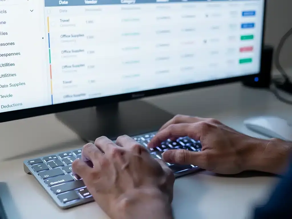 Hands typing on keyboard, managing digital accounting records for tax deductions