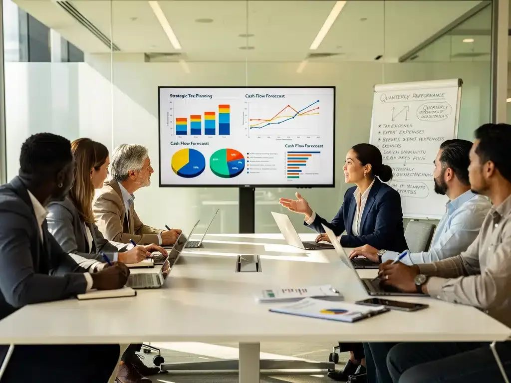Small business owners consulting with a financial advisor on tax strategies