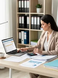 Small business owner reviewing tax documents and calculations
