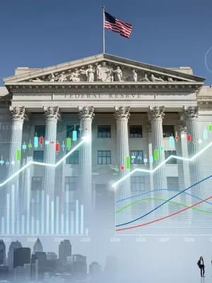 Federal Reserve building with financial charts, symbolizing 2026 interest rate projections and economic impact.