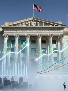 Federal Reserve building with financial charts, symbolizing 2026 interest rate projections and economic impact.