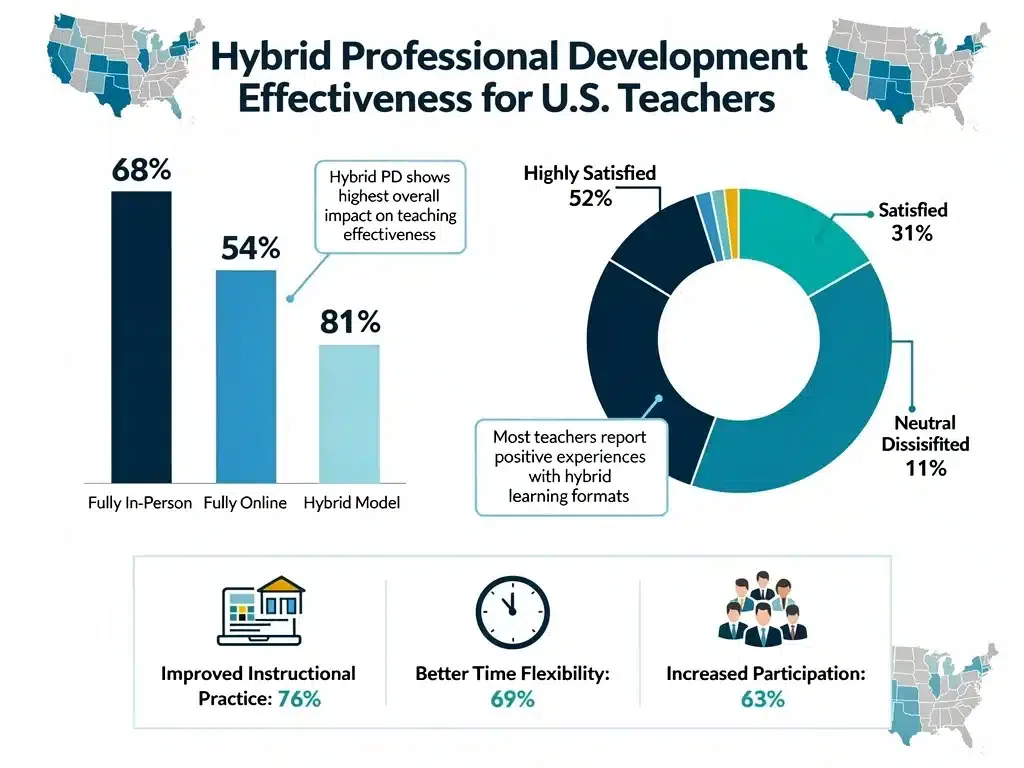 Infographic showing data on effective hybrid professional development models for U.S. educators.