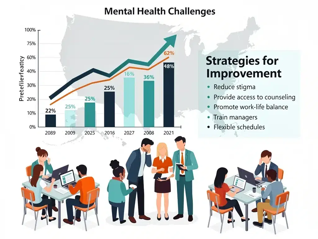 Data visualization of increasing workplace mental health issues and intervention strategies.