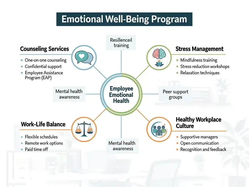 Infographic detailing components of an emotional well-being program in a US company.