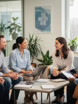 Employees discussing emotional well-being with HR in a modern US office.