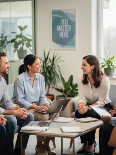 Employees discussing emotional well-being with HR in a modern US office.