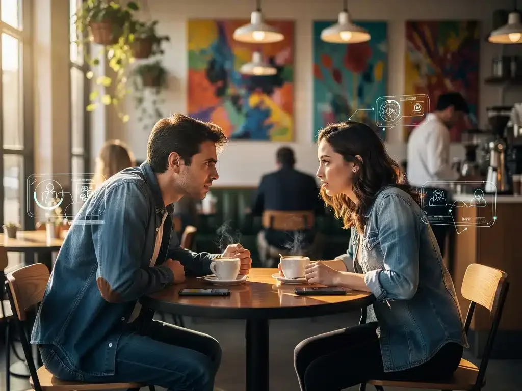 Couple having a meaningful conversation in a cafe, symbolizing the blend of traditional dating with modern AI-driven insights.