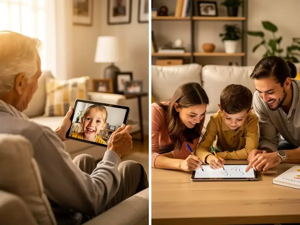Grandparent video calling grandchild and family using shared smart device.