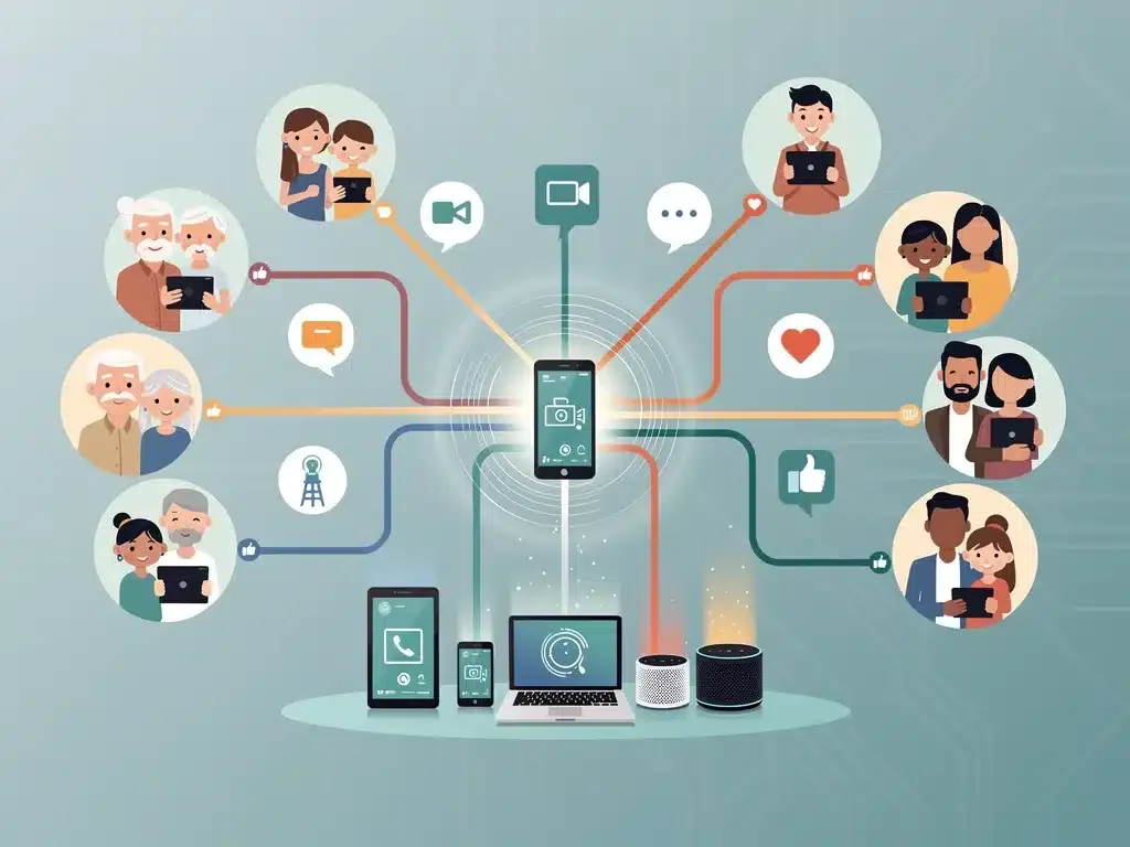 Network graphic showing family members connected through various digital communication channels.