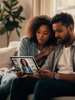 Couple consulting a relationship coach online, symbolizing growing demand