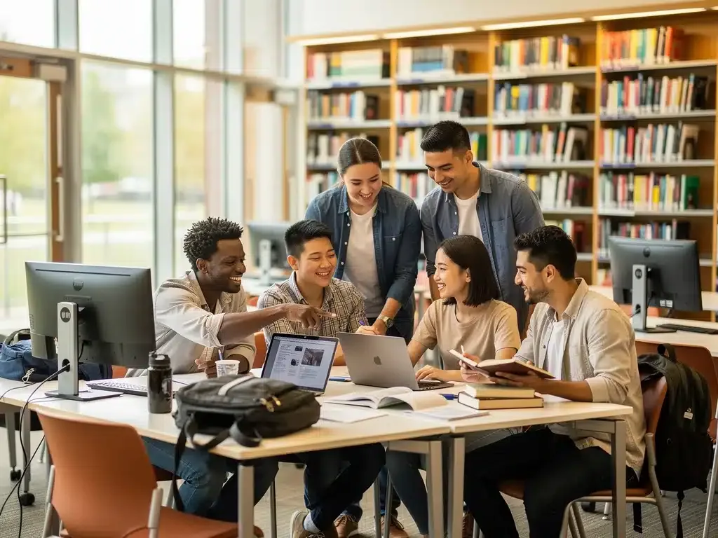 Diverse students collaborating in a modern university library, highlighting academic success
