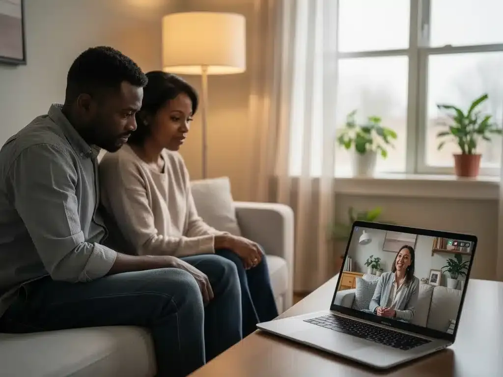 Couple receiving mental health support through telehealth on a laptop