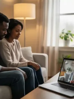 Couple receiving mental health support through telehealth on a laptop