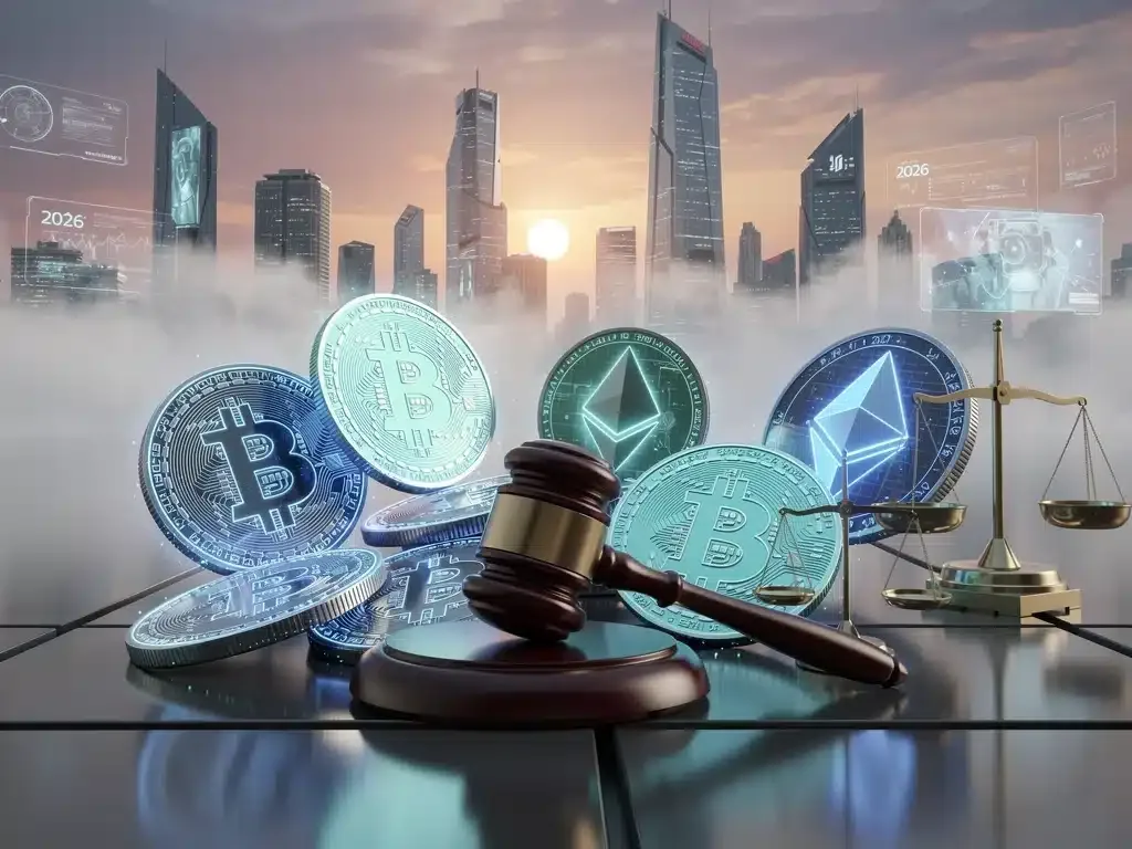 Futuristic digital assets under legal scrutiny, symbolizing Cryptocurrency Regulation 2026 for investors.