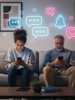 Couple on couch, distracted by phones, showing digital communication challenges