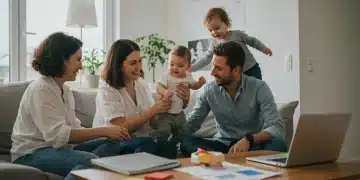 Familia feliz conciliando vida laboral y personal en un hogar moderno y luminoso.
