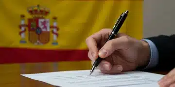Funcionario del Gobierno español firmando documento sobre inversiones en desarrollo personal.