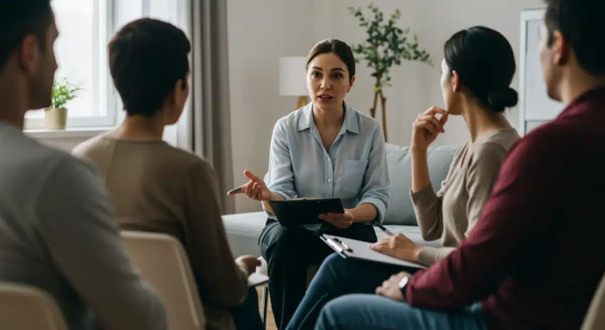 Grupo de apoyo psicológico discutiendo en un ambiente seguro y acogedor.