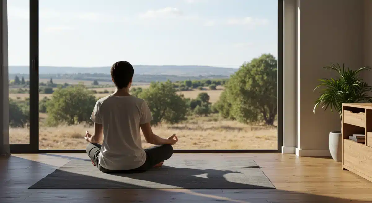 Persona meditando en un entorno tranquilo, alejada de pantallas, como medida contra el estrés digital.