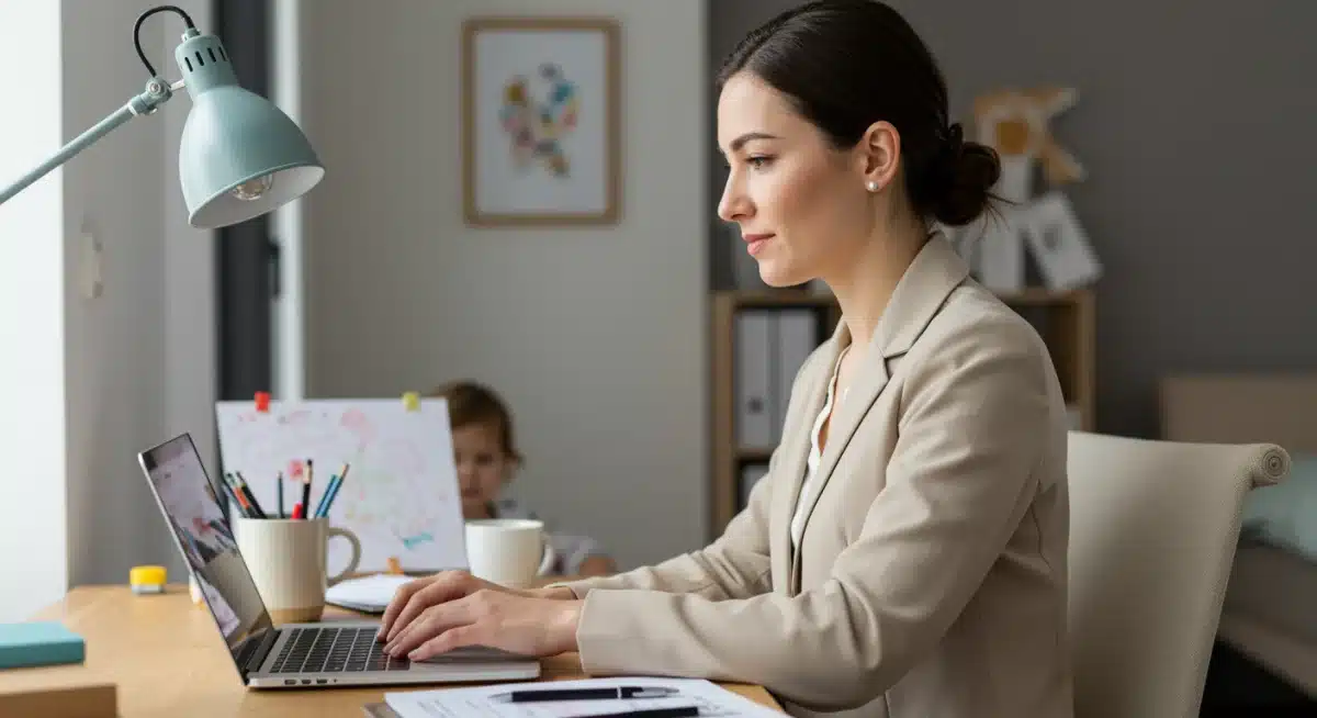 Mujer profesional trabajando en casa, con elementos familiares de fondo, simbolizando la conciliación.