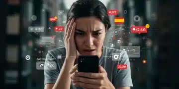 Persona estresada mirando el móvil, rodeada de elementos digitales y notificaciones, en un entorno urbano español.