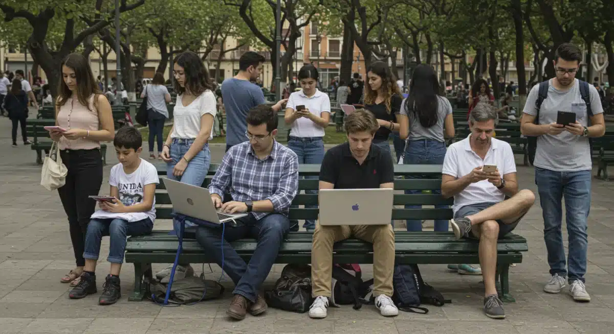 Grupo de personas interactuando con dispositivos digitales en un parque, reflejando el uso masivo de la tecnología en España.