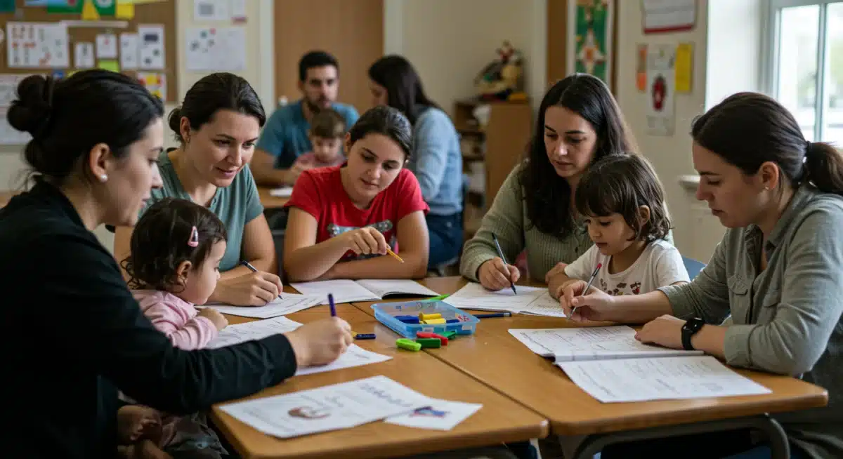 Padres e hijos en una actividad comunitaria, reflejando el apoyo social de las medidas de 2026.