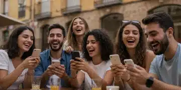 Jóvenes españoles conectando en persona y a través de dispositivos digitales, reflejando las amistades en la era digital.