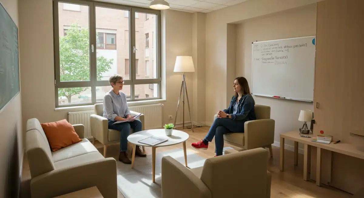 Profesional de la salud mental atendiendo a un estudiante en un centro de orientación universitaria en España.