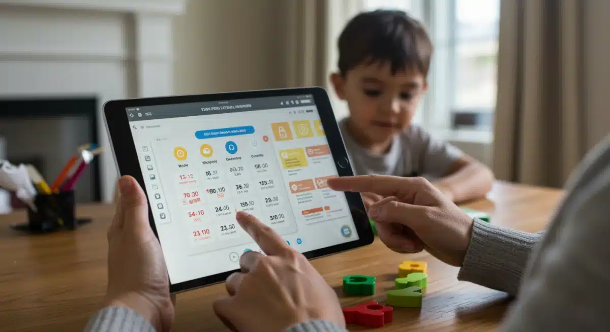 Padre gestionando tareas familiares y agenda compartida con una aplicación de IA en una tableta, mejorando la organización doméstica.