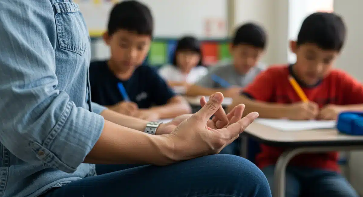 Profesora practicando mindfulness en el aula para la gestión emocional
