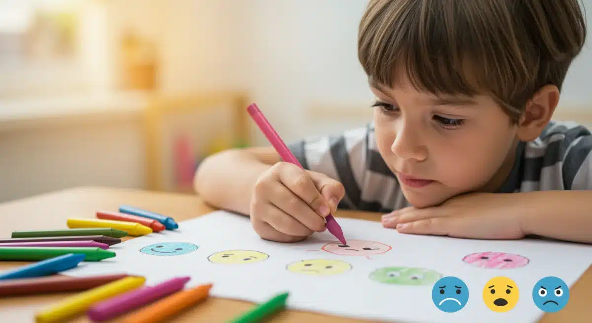 Niño dibujando emociones con lápices de colores en una mesa de aula.