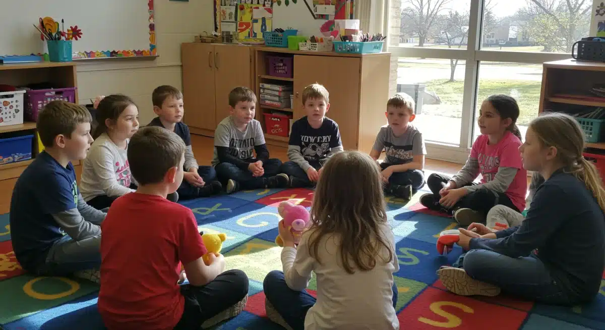 Niños de primaria en círculo participando en una actividad de escucha activa y empatía.