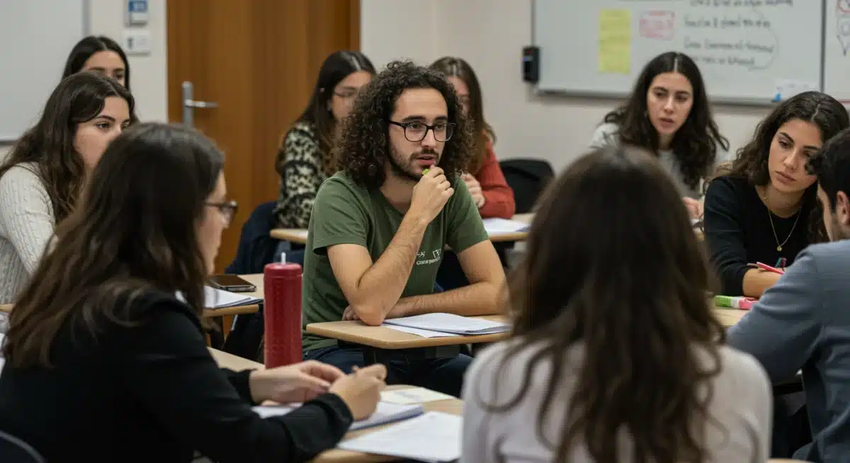 Estudiantes participando activamente en un taller de gestión del estrés y resiliencia emocional en una universidad española.