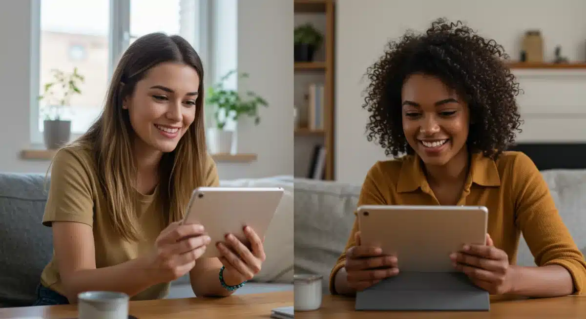 Amigas riendo durante una videollamada, mostrando la conexión a distancia en la era digital.