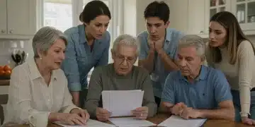 Familia española preocupada revisando documentos sobre las reformas en ayudas a la dependencia.