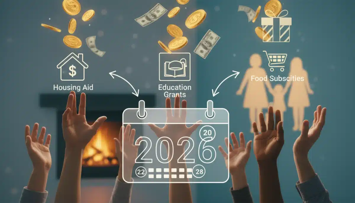 Ilustración de ayudas económicas y beneficios llegando a familias, con el año 2026 de fondo.