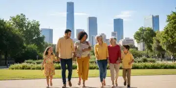 Familia diversa y feliz en un parque de España, simbolizando la unidad familiar y el apoyo mutuo.