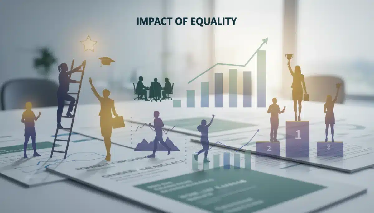 Gráficos ascendentes y documentos de políticas con siluetas de mujeres, representando el impacto positivo de las políticas de igualdad.