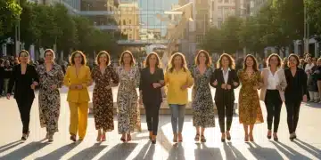 Grupo diverso de mujeres españolas sonrientes y empoderadas caminando en un entorno urbano soleado, simbolizando el progreso y la igualdad.